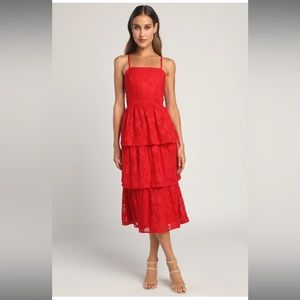 Lulus Grace and Beauty Red Burnout Floral Print Tiered Dress